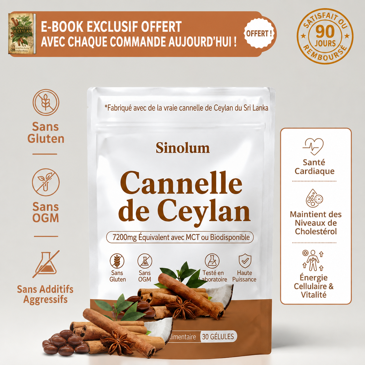 Cannelle de Ceylan, équivalent 7200mg, avec huile MCT
