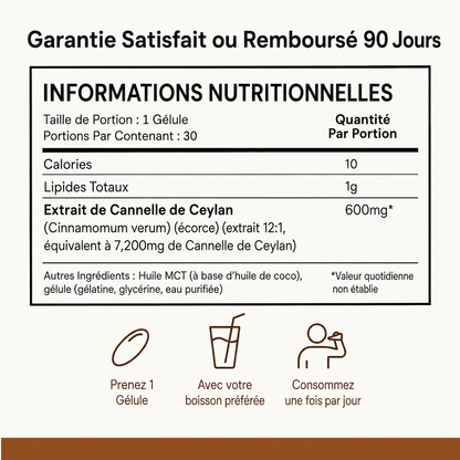 Cannelle de Ceylan, équivalent 7200mg, avec huile MCT